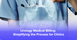 A healthcare professional reviewing urology medical billing documents on a desk with a laptop and calculator.