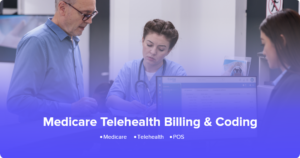 A medical biller reviews telehealth claim forms on a laptop, representing Medicare telehealth billing and coding processes.
