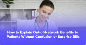 Out-of-network billing explanation between healthcare provider and patient showing cost breakdown and insurance coverage discussion
